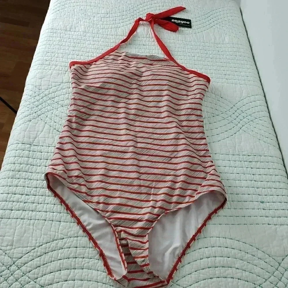 Zeagoo Gray and Red One Piece Swimsuit Halter Style